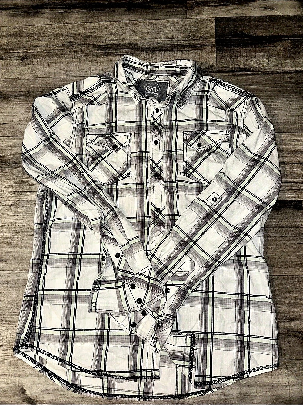 BKE Athletic Fit Plaid Western Snap Shirt White & Black